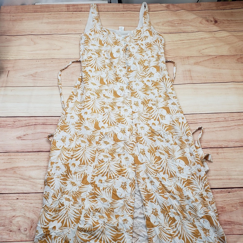 L*Space Dress Womens Medium Yellow White Floral Button Front Tie Waist Rayon